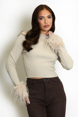 Fur Cuff Fine Knit Ribbed Jumper