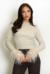 Fur Cuff Fine Knit Ribbed Jumper