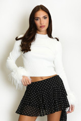 Fur Cuff Fine Knit Ribbed Jumper