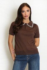 Fine Knit Polo Top With Embellished Collar