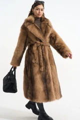 Vintage Look Faux Fur Belted Long Coat