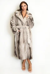 Vintage Look Faux Fur Belted Long Coat