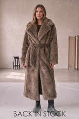 Vintage Look Faux Fur Belted Long Coat