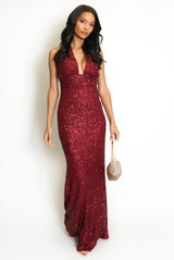 Sequin Plunge Halter Neck Maxi Dress