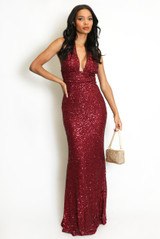 Sequin Plunge Halter Neck Maxi Dress