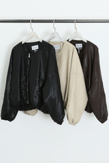 Collarless PU Bomber Jacket