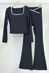 Contrast Edge Square Neck Top and Flare Hem Trouser Set