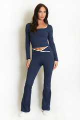 Contrast Edge Square Neck Top and Flare Hem Trouser Set