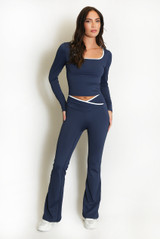 Contrast Edge Square Neck Top and Flare Hem Trouser Set