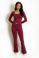 Contrast Edge Square Neck Top and Flare Hem Trouser Set