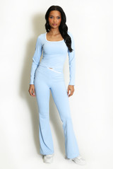 Contrast Edge Square Neck Top and Flare Hem Trouser Set