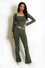 Contrast Edge Square Neck Top and Flare Hem Trouser Set