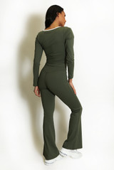 Contrast Edge Square Neck Top and Flare Hem Trouser Set