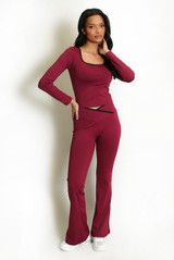 Contrast Edge Square Neck Top and Flare Hem Trouser Set