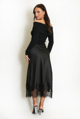 Satin Lace Hem Midi Skirt
