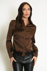 Brown Satin Lace Hem Blouse