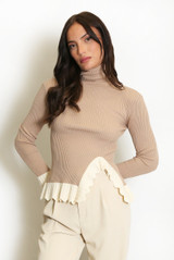 Taupe Frill Hem Roll Neck Jumper