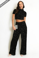 Sequin High Waisted Wide Leg Trouser