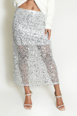 Sequin Mesh Hem Midi Skirt