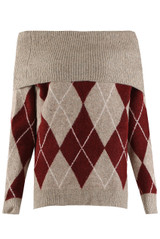 Argyle Wool Blend Off Shoulder Jumper