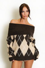 Argyle Wool Blend Off Shoulder Jumper