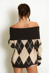 Argyle Wool Blend Off Shoulder Jumper