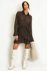Brown Check Tiered Hem Dress