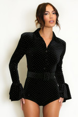 Velvet Embellished Flute Cuff Playsuit