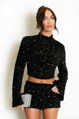 High Neck Flute Sleeve Sequin Top 