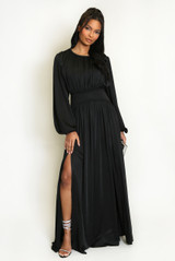 Pleated Waist Long Sleeve Maxi Dress