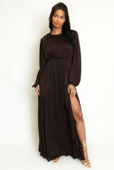 Pleated Waist Long Sleeve Maxi Dress