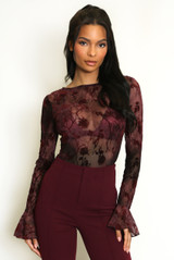 Velvet Floral Mesh Long Sleeve Bodysuit