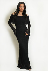 Sheer Sleeve Lace Bardot Maxi Dress
