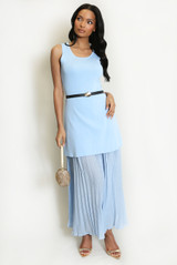 Pleated Hem Belted Midi Dress