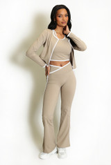 3 Pcs Striped Band Jacket And Flare Trouser Set