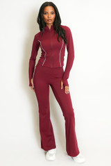 Contrast Piping Zip Gym Top and Flare Trouser Set