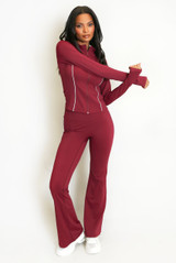 Contrast Piping Zip Gym Top and Flare Trouser Set