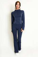 Contrast Piping Zip Gym Top and Flare Trouser Set