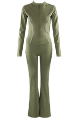 Contrast Piping Zip Gym Top and Flare Trouser Set