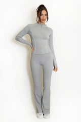 Contrast Piping Zip Gym Top and Flare Trouser Set