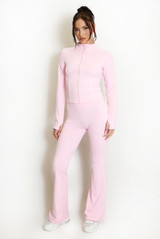 Contrast Piping Zip Gym Top and Flare Trouser Set