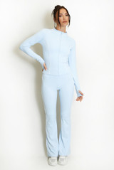 Contrast Piping Zip Gym Top and Flare Trouser Set