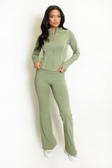 Contrast Piping Zip Gym Top and Flare Trouser Set