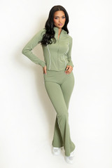 Contrast Piping Zip Gym Top and Flare Trouser Set