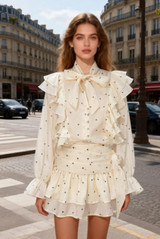 Heart Print Pussy Bow Blouse And Skirt Set