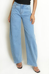 Mid Wash Paneled Barrel Jeans