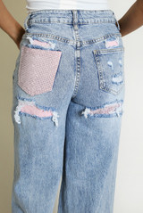 Straight Leg Jeans With Pink Diamante Insert