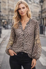 Leopard Print Embroidered Sleeve Blouse