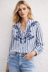 Leaf Embroidered Striped Blouse
