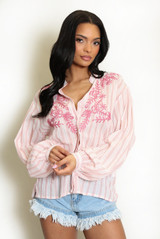 Leaf Embroidered Striped Blouse